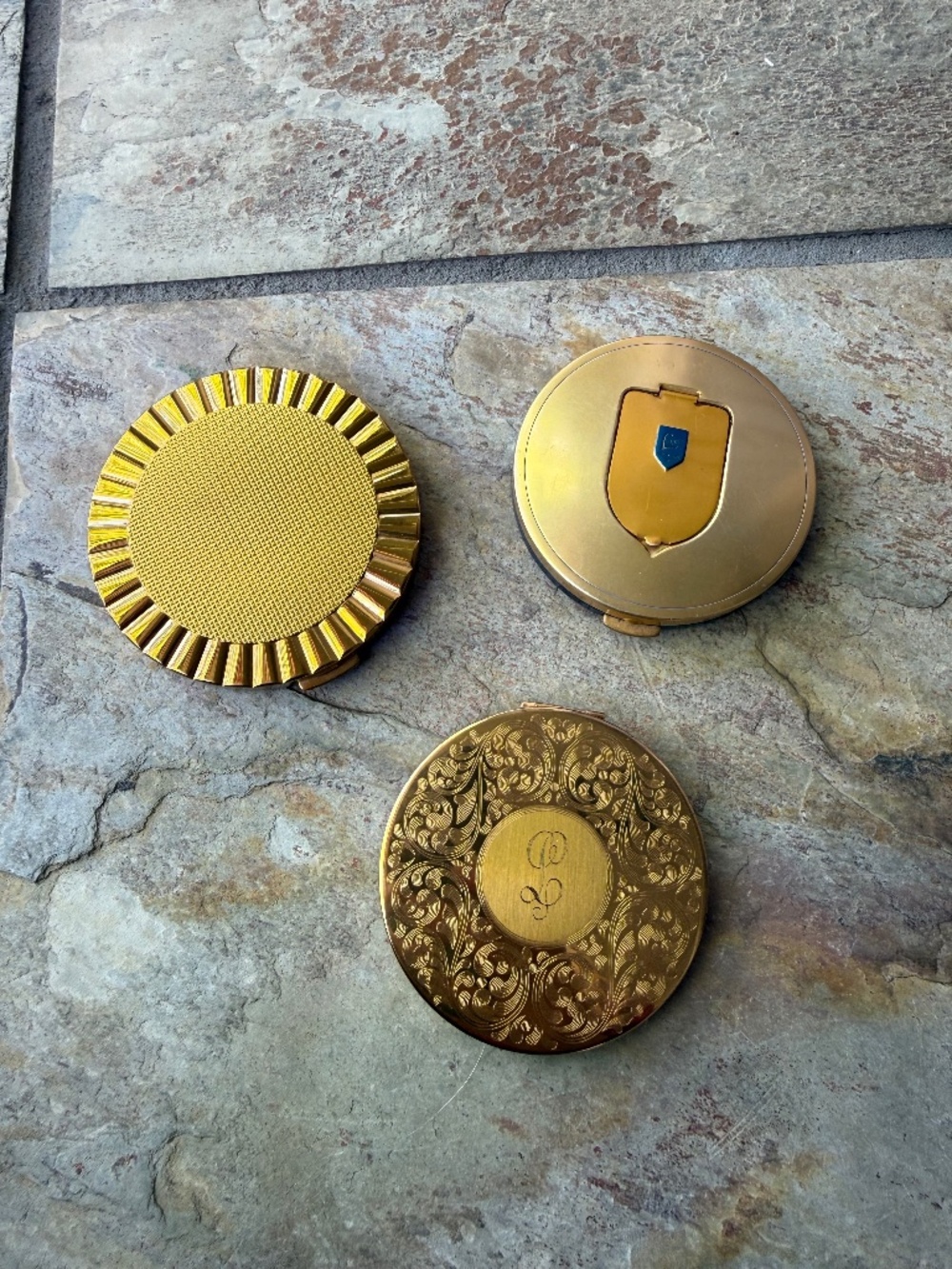 Vintage Powder Gold Compact Lot Of 3 Mid Century Luziers Majestic Elgin
